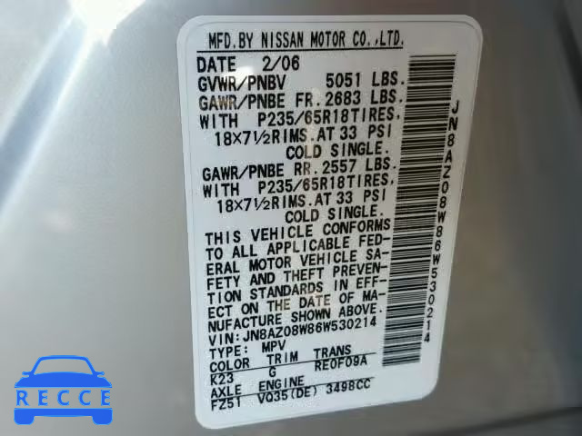 2006 NISSAN MURANO SL JN8AZ08W86W530214 image 9