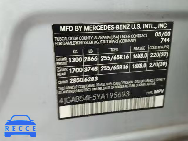 2000 MERCEDES-BENZ ML 320 4JGAB54E5YA195693 Bild 9