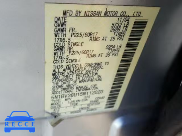 2005 NISSAN QUEST S 5N1BV28U15N112020 image 9