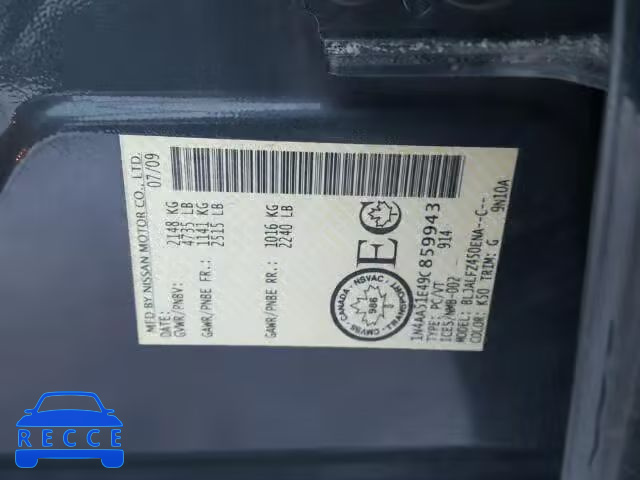 2009 NISSAN MAXIMA S 1N4AA51E49C859943 Bild 9