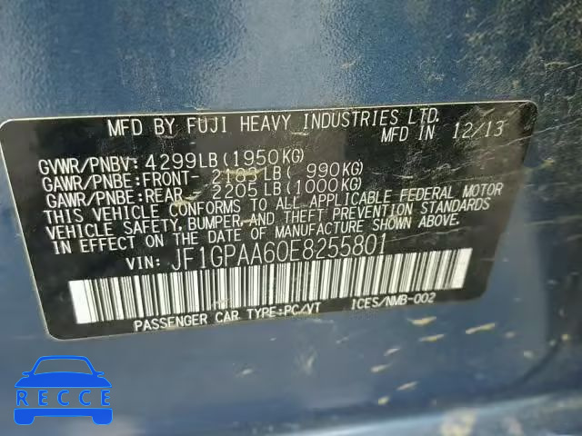 2014 SUBARU IMPREZA BA JF1GPAA60E8255801 зображення 9