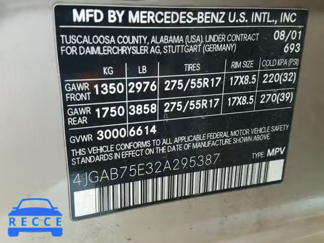 2002 MERCEDES-BENZ ML 500 4JGAB75E32A295387 image 9
