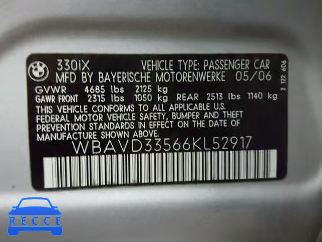 2006 BMW 330 XI WBAVD33566KL52917 зображення 9