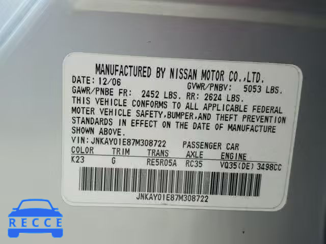 2007 INFINITI M35 BASE JNKAY01E87M308722 image 9