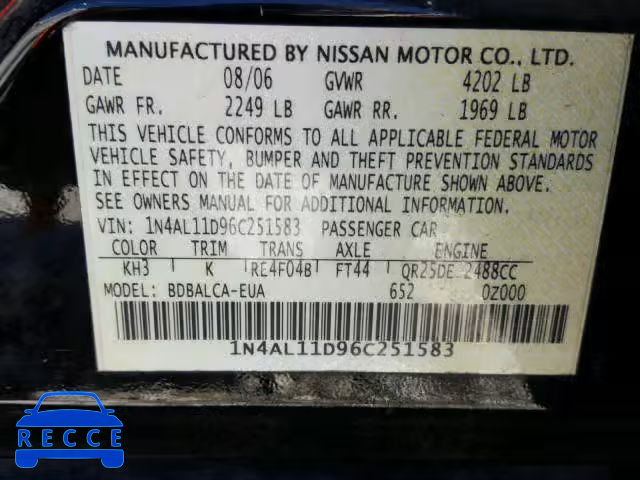 2006 NISSAN ALTIMA S 1N4AL11D96C251583 image 9