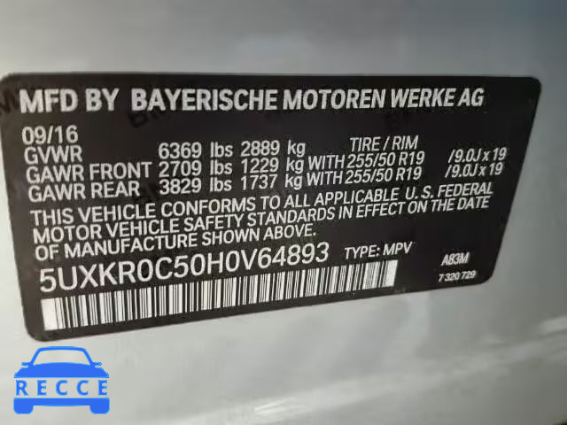 2017 BMW X5 XDRIVE3 5UXKR0C50H0V64893 image 9