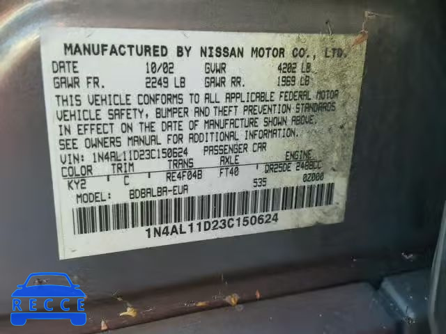 2003 NISSAN ALTIMA BAS 1N4AL11D23C150624 Bild 9