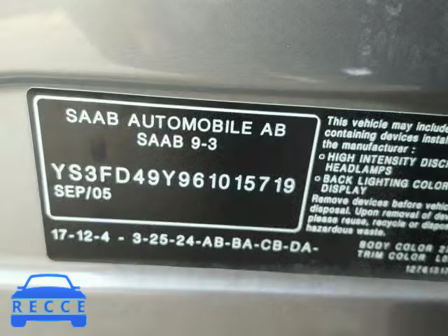 2006 SAAB 9-3 BASE YS3FD49Y961015719 зображення 9