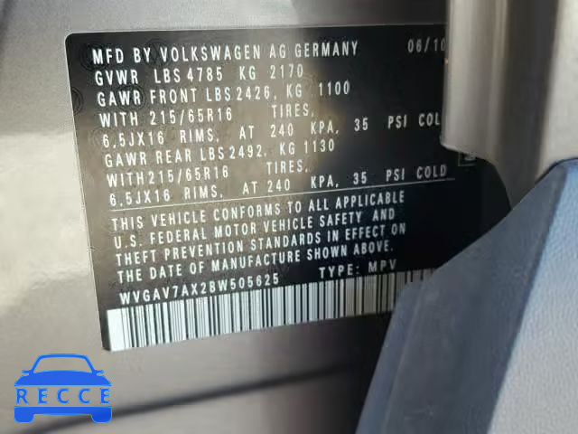 2011 VOLKSWAGEN TIGUAN S WVGAV7AX2BW505625 image 9