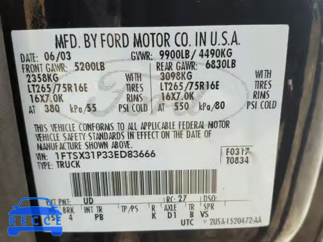 2003 FORD F350 SRW S 1FTSX31P33ED83666 image 9