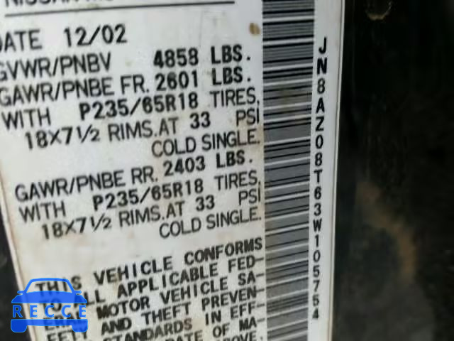 2003 NISSAN MURANO SL JN8AZ08T63W105754 image 9