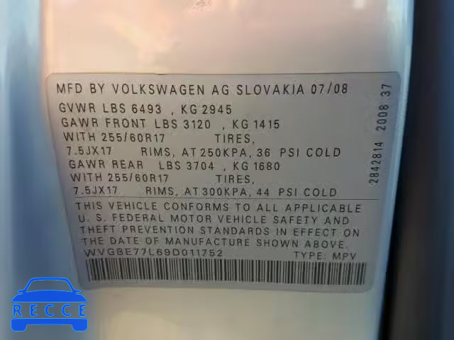 2009 VOLKSWAGEN TOUAREG 2 WVGBE77L69D011752 image 9