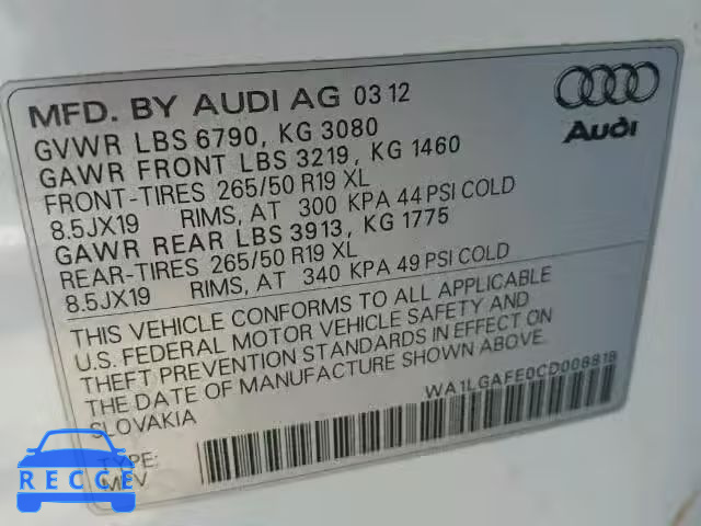 2012 AUDI Q7 PREMIUM WA1LGAFE0CD008818 image 9