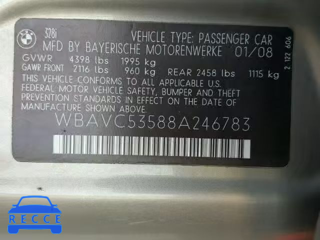 2008 BMW 328 I SULE WBAVC53588A246783 зображення 9