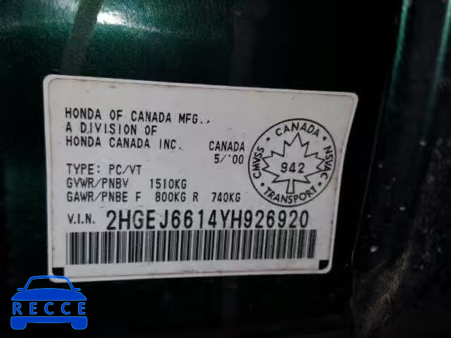 2000 HONDA CIVIC BASE 2HGEJ6614YH926920 зображення 9