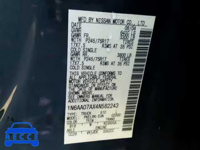 2004 NISSAN TITAN XE 1N6AA07AX4N582243 Bild 9
