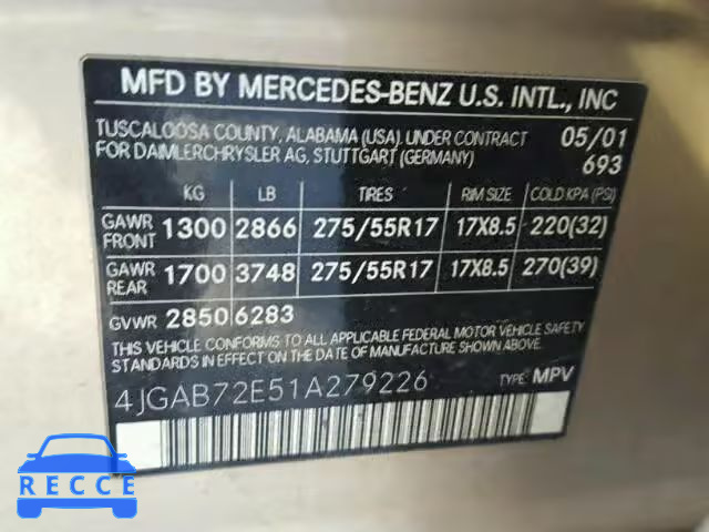 2001 MERCEDES-BENZ ML 430 4JGAB72E51A279226 Bild 9