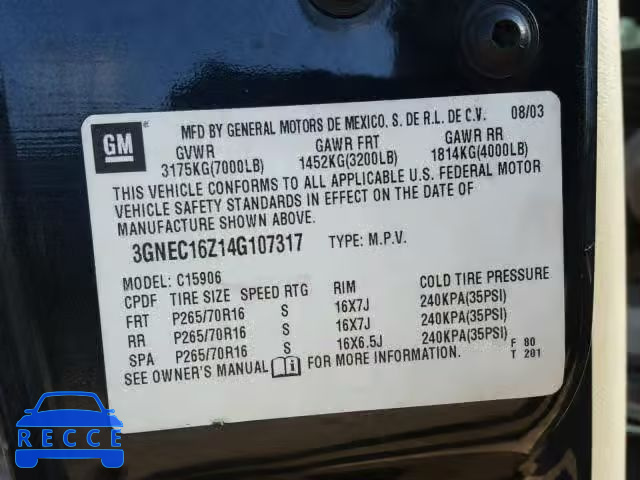 2004 CHEVROLET SUBURBAN C 3GNEC16Z14G107317 image 9