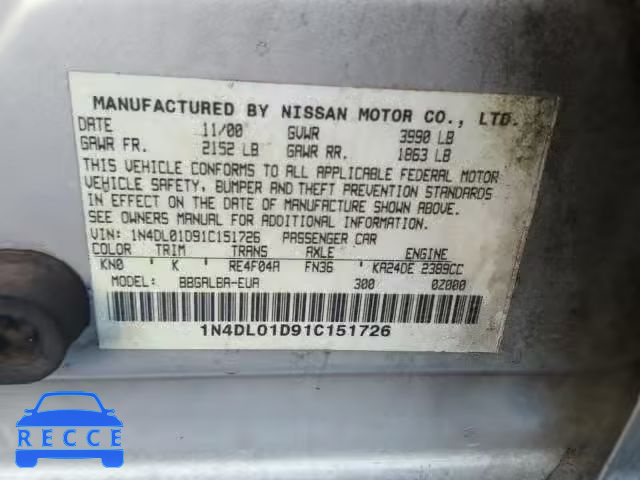 2001 NISSAN ALTIMA XE 1N4DL01D91C151726 Bild 9