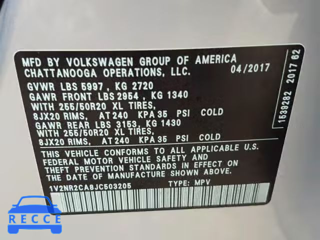 2018 VOLKSWAGEN ATLAS SEL 1V2NR2CA8JC503205 зображення 9