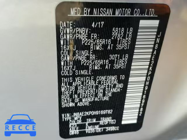 2017 NISSAN QUEST S JN8AE2KP0H9169782 image 9