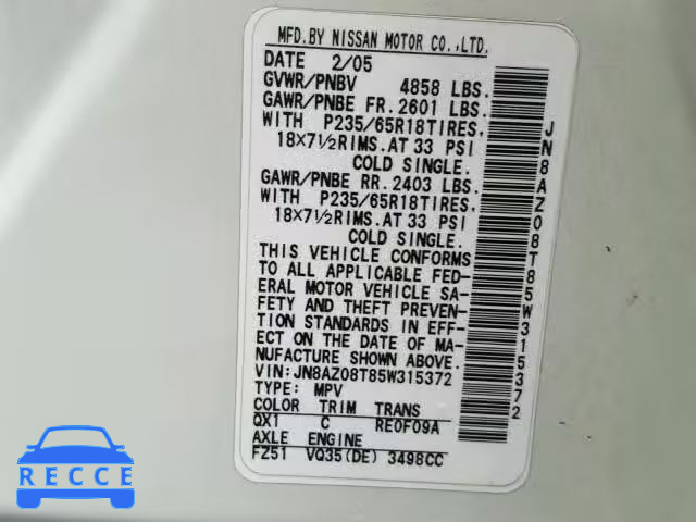 2005 NISSAN MURANO SL JN8AZ08T85W315372 image 9