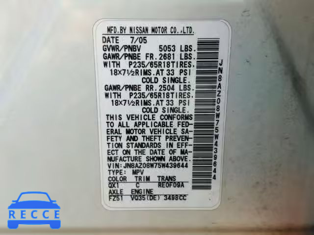 2005 NISSAN MURANO SL JN8AZ08W75W439644 image 9