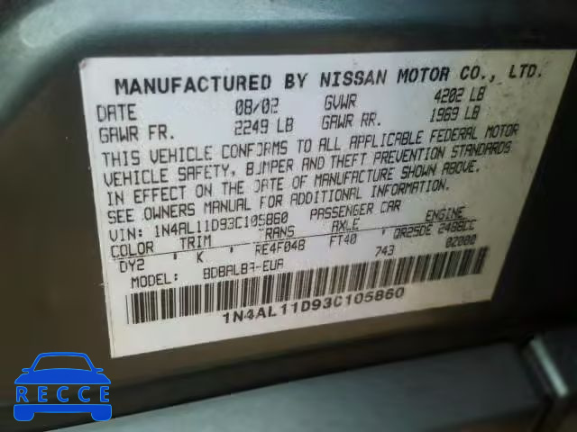 2003 NISSAN ALTIMA BAS 1N4AL11D93C105860 image 9