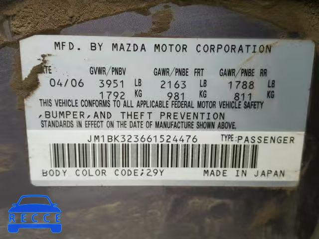 2006 MAZDA 3 S JM1BK323661524476 image 9