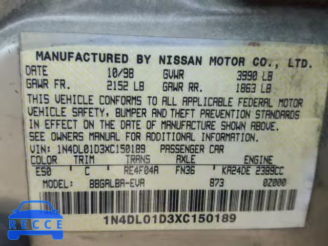 1999 NISSAN ALTIMA XE 1N4DL01D3XC150189 image 9