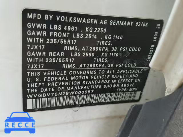 2009 VOLKSWAGEN TIGUAN SE WVGBV75N79W000557 image 9