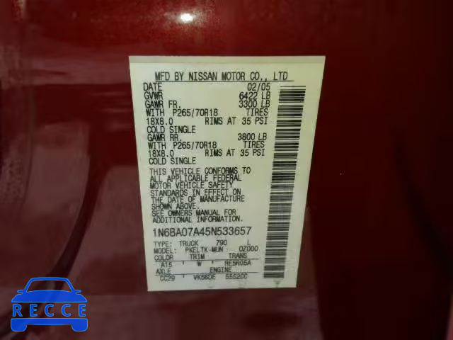 2005 NISSAN TITAN XE 1N6BA07A45N533657 зображення 9