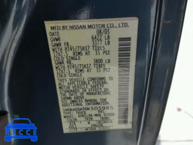 2006 NISSAN TITAN XE 1N6BA06A96N505985 image 9