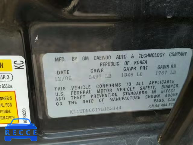 2007 CHEVROLET AVEO BASE KL1TD56617B123144 image 9