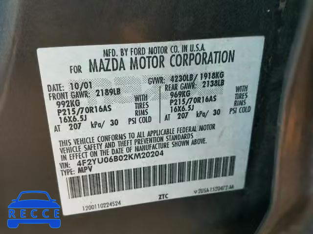 2002 MAZDA TRIBUTE DX 4F2YU06B02KM20204 image 9