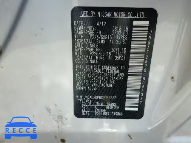 2012 NISSAN QUEST S JN8AE2KP6C9043337 image 9