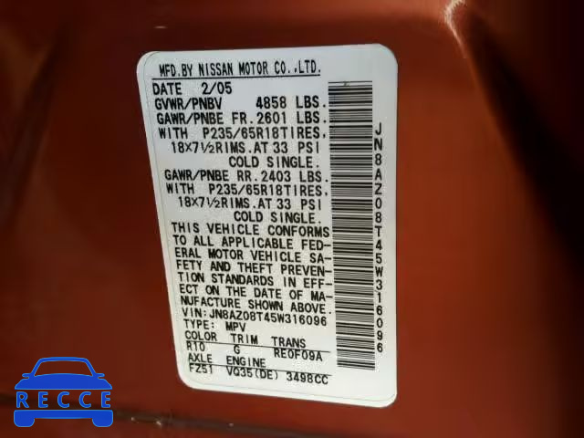 2005 NISSAN MURANO SL JN8AZ08T45W316096 image 9