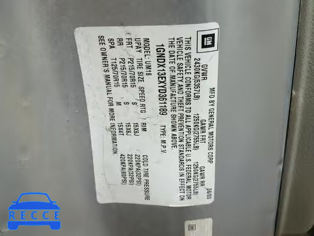 2000 CHEVROLET VENTURE LU 1GNDX13EXYD361189 image 9