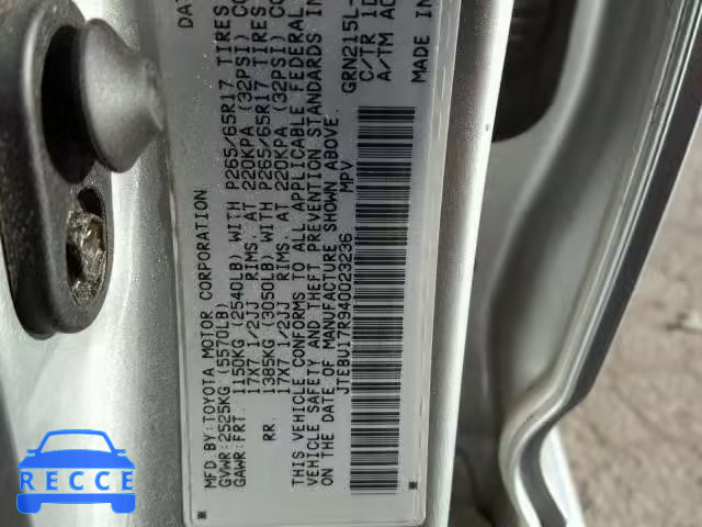 2004 TOYOTA 4RUNNER LI JTEBU17R940023236 Bild 9