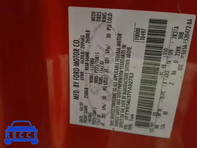 2007 FORD RANGER SUP 1FTYR14U37PA92783 Bild 9