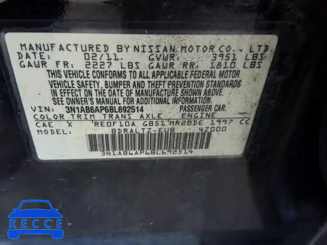 2011 NISSAN SENTRA 2.0 3N1AB6AP6BL692514 image 9