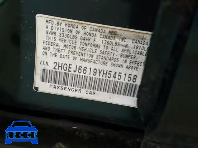 2000 HONDA CIVIC BASE 2HGEJ6619YH545158 Bild 9