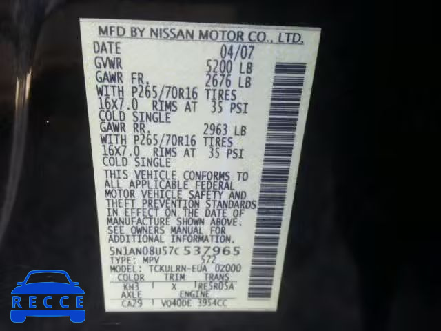 2007 NISSAN XTERRA OFF 5N1AN08U57C537965 зображення 9