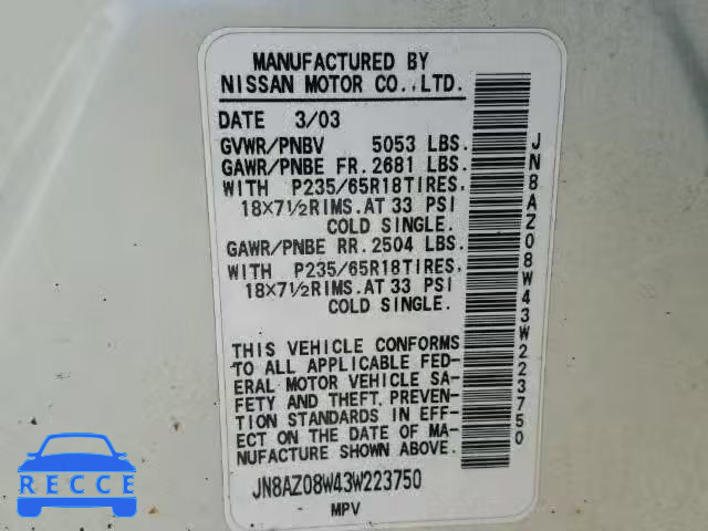 2003 NISSAN MURANO SL JN8AZ08W43W223750 image 9