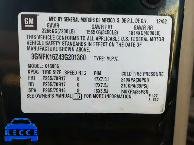 2003 CHEVROLET SUBURBAN K 3GNFK16Z43G201360 image 9