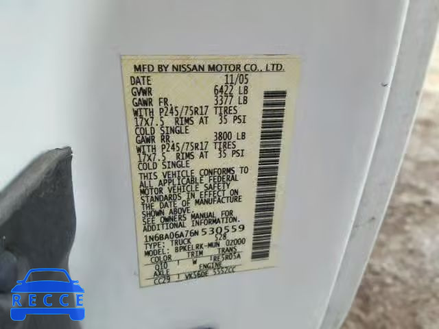 2006 NISSAN TITAN XE 1N6BA06A76N530559 Bild 9