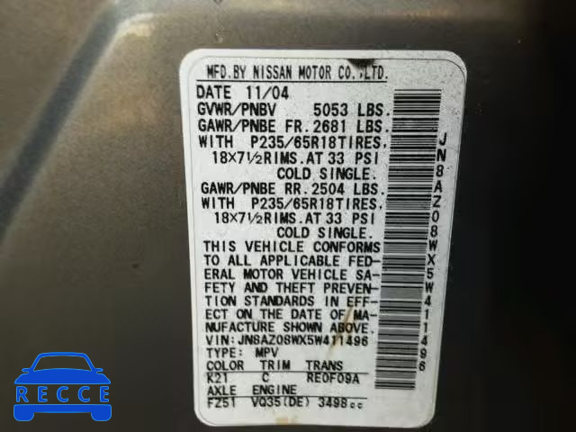 2005 NISSAN MURANO SL JN8AZ08WX5W411496 Bild 9