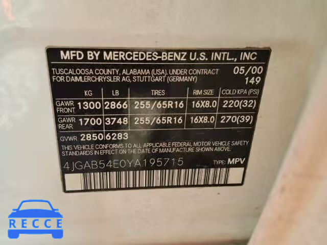 2000 MERCEDES-BENZ ML 320 4JGAB54E0YA195715 зображення 9