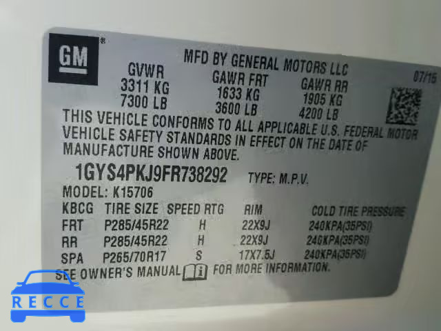 2015 CADILLAC ESCALADE P 1GYS4PKJ9FR738292 image 9