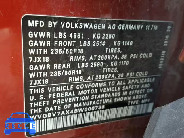 2011 VOLKSWAGEN TIGUAN S WVGBV7AX4BW000738 image 9